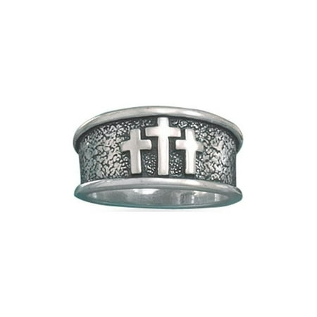 Three Cross Ring Antiqued Sterling Silver Tapered Band - Made in the USA
