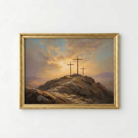 Three Crosses Calvary Horizontal Christian He Is Risen Easter Decor Sunrise Landscape Above Bed Religious Art, Unframed Poster