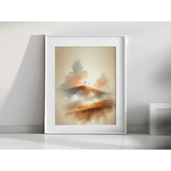 Three Crosses Landscape Art Christian Faith Home Decor, Stretched Canvas 8x10in