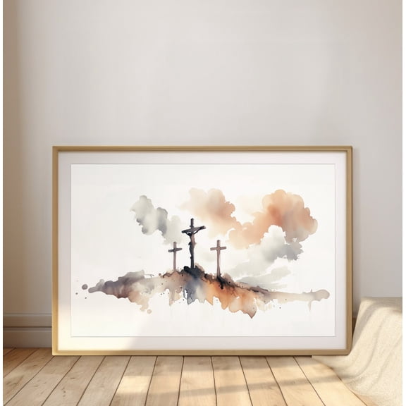 Three Crosses, Passion Of Christ Watercolor Landscape, Christian Wall Art UNFRAMED PAPER POSTER, Home Decor, Vintage Gift, Living Room Dercor