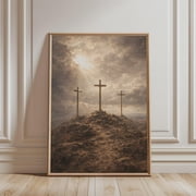 Three Crosses Poster - Christian Wall Art, Landscape Decor Religious, Print Calvary, christian poster, christian calvary, Home Decor Catholic, Jesus Crucifixion Artwork, Unfreamed Poster 8x10