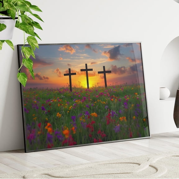 Three Crosses Wildflower Field Wall Art, Peaceful Christian Spring Decor, Stretched Canvas Size 12x18