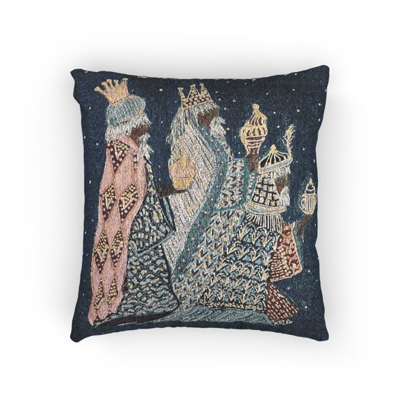 Three Crowned Magi Under Stars Navy, Teal, Gold and Rose Double-Sided Woven Throw Pillow, 17 x 18 in