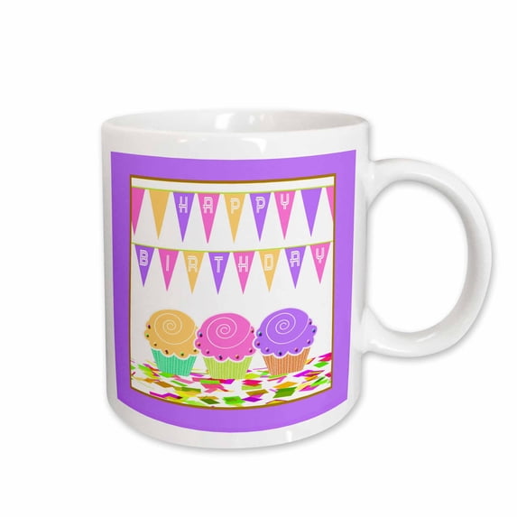 3drose, Three Cupcakes with Birthday Flag Banners, Aqua Green, Purple and Pink, 11oz Mug