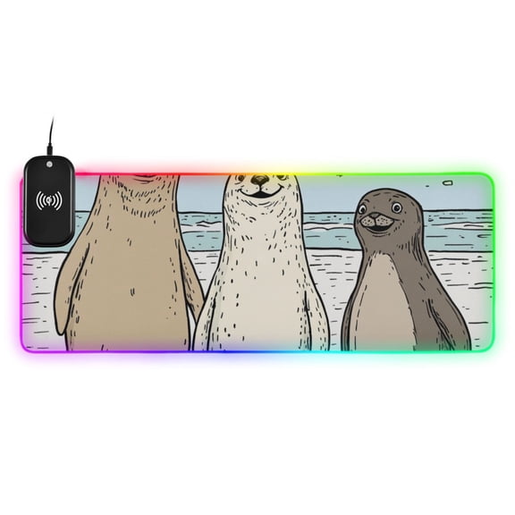 Three Cute Animals Hand Drawn Wireless Charging RGB Gaming Mouse Pad Large Keyboard Mat Rubber Base 13 Light Modes