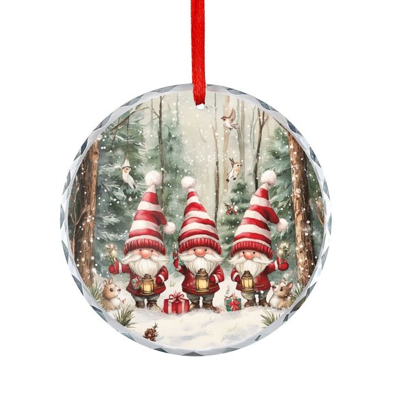Three Cute Gnomes Winter Snow Glass Christmas Ornament for Home Office Xmas Tree Decor Winter Holiday Snowflakes Christmas Tree Glass Ornament