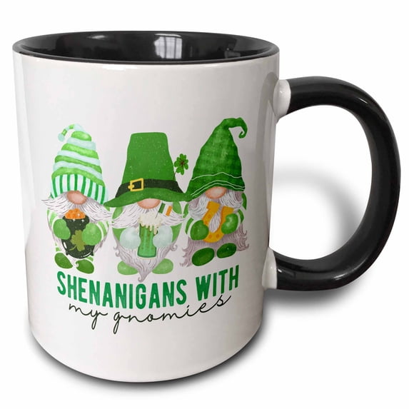 3drose, Three Cute Irish Gnomes Shenanigans with My Gnomies, 11oz Two-tone Black Mug