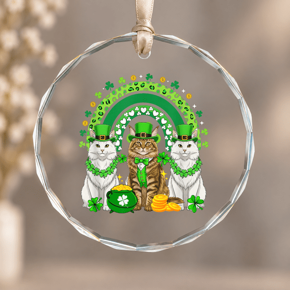 Three Cute Maine Coon Cats Patrick's Day Shamrocks Rainbow Christmas Ornament, Feline Keepsake Decor, Circle Glass Ornament