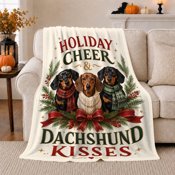 Three Dachshunds Wearing Winter Scarves Holiday Cheer, Festive Pet Portrait Pattern, Warm Flannel Blanket for Cabin and Lodge, Dog Lovers Just Because Gift, Pet Lover Home Decor