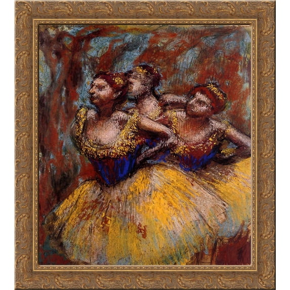 Three Dancers. Yellow Skirts, Blue Blouses 24x20 Gold Ornate Wood Framed Canvas Art by Edgar Degas