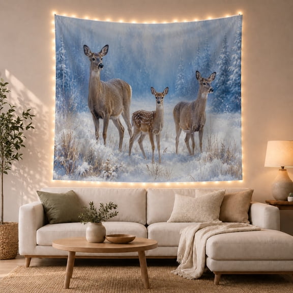 Three Deer with Fawn in a Snowy Pine Forest, Serene Illustration for Wildlife Fans, Winter Forest Decor, Christmas Gift, Tapestry Wall Hanging for Bedroom and Living Room