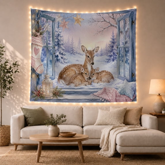 Three Deer in Snowy Forest Through Blue Window Frame, Dreamy Watercolor for Nature Lovers, Tranquil Winter Woodland Art, Christmas Gift, Tapestry Wall Hanging for Bedroom and Living Room