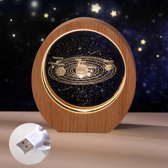 Three Dimensional Crystal Night Light with Wooden Base - USB Rechargeable LED Lamp for Home Decoration, Unique Art Patterns for Cozy Ambiance, Perfect Gift for Any Occasion