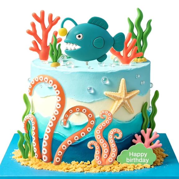 Three Dimensional Deep Sea Cake Topper Kit Anglerfish Coral Octopus Tentacle Decor For Summer Underwater Themed Parties