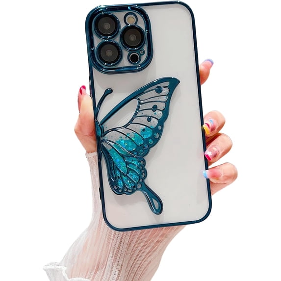 Three-Dimensional electroplated Quicksand Butterfly case with or Without Gradient Glitter Paper, Lens Protection for iPhone 15 14 13 12 11 Pro Max Phone case (Blue 2,iPhone 15 Pro)