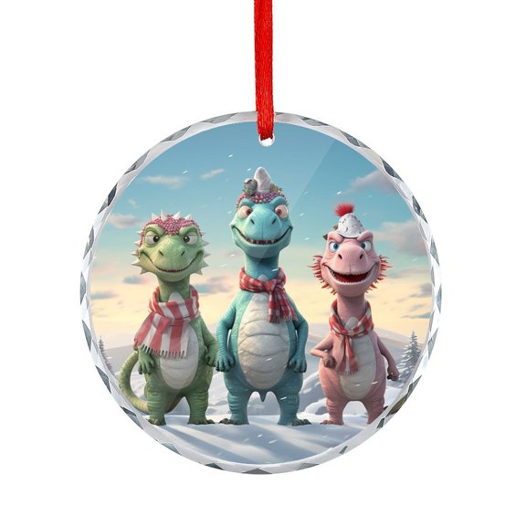 Three Dinosaurs Standing On Top Of A Snowy Hill Glass Christmas Ornament Cute Cartoon Dinosaur Christmas Ornament Round Glass Unique Home Decor