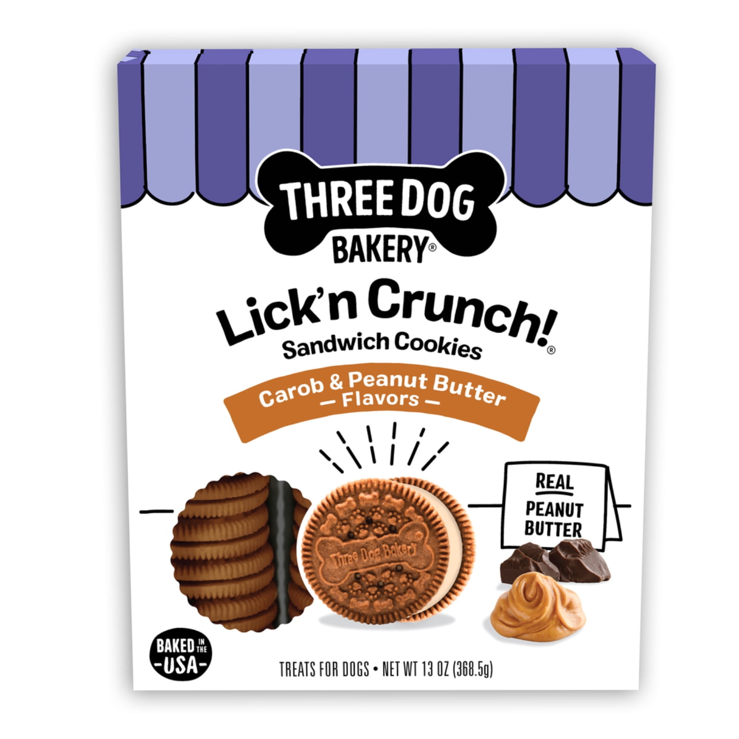 Three Dog Bakery 3-Pack Lick'n Crunch! Sandwich Cookies, Carob/Peanut Butter & Golden/Vanilla