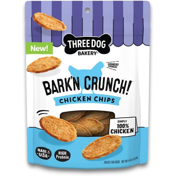 Three Dog Bakery Bark'n Crunch! Chicken Chips with 100% Real Chicken - 4oz - High Protein Dog Treats
