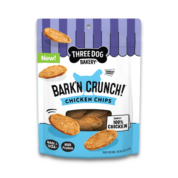 Three Dog Bakery Bark'n Crunch! Chicken Chips with 100% Real Chicken - 4oz - High Protein Dog Treats