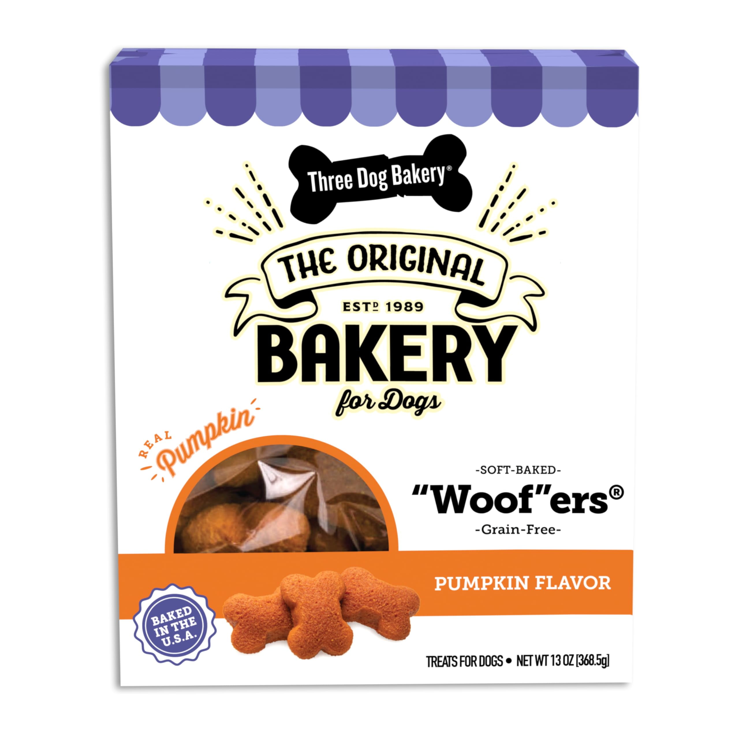 Three Dog Bakery Grain STF9 Free Wafers Baked Dog Treats, Pumpkin, 13