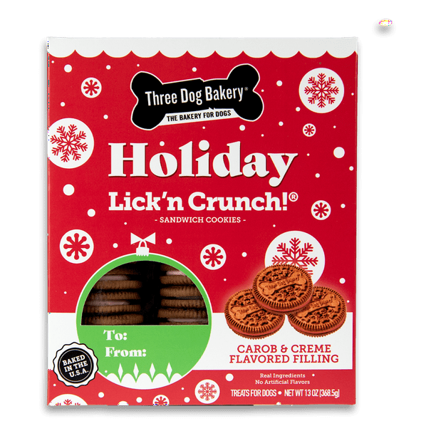 Three Dog Bakery Holiday Lick'n Crunch, Carob Cookie w/ Red Crème, Vanilla Flavored Filling, Premium Treats for Dogs, 13 Ounces Each