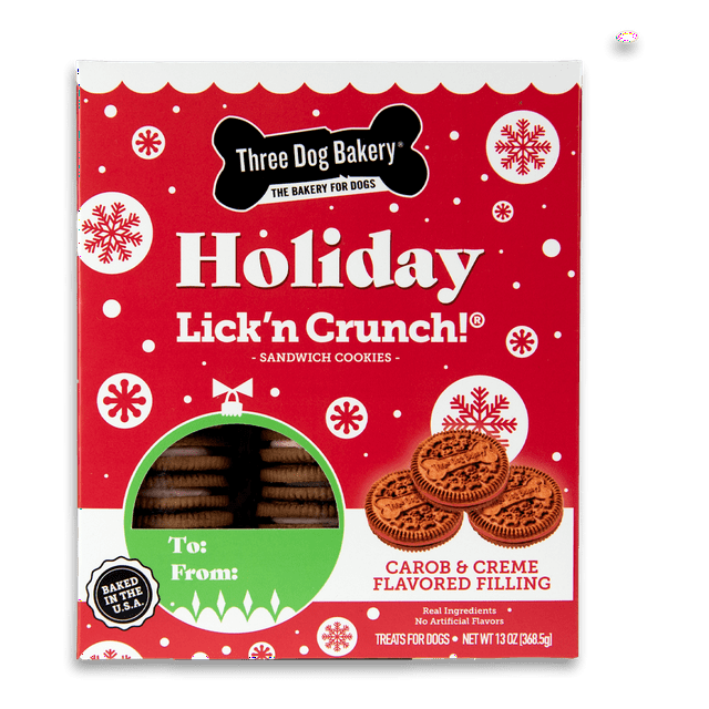 Three Dog Bakery Holiday Lick'n Crunch Carob Sandwich Cookies with Red Vanilla Crème Dog Treats