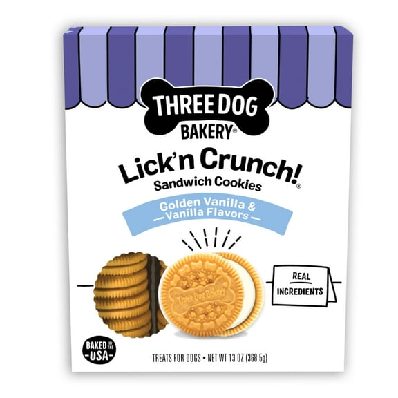 Three Dog Bakery Lick'n Crunch Sandwich Cookies, Golden & Vanilla, 13 Ounces