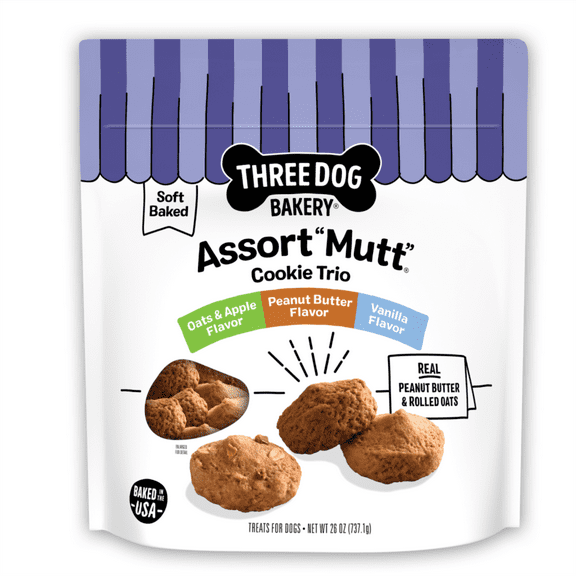 Three Dog Bakery Peanut Butter, Vanilla, Oats & Apple Flavor Soft Dog Treats, 26 oz. Bag