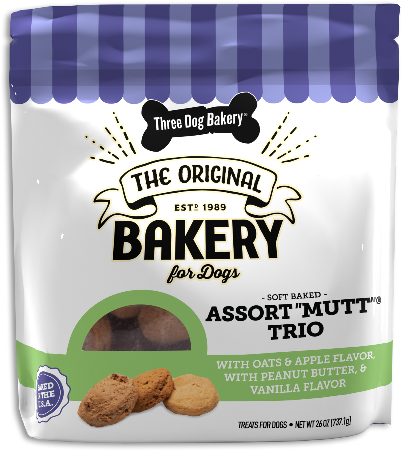 Three Dog Bakery Biscuits Peanut Butter Grain Free Dry Dog Treat, 25 Oz