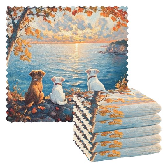 Three Dogs Sunset Kitchen Cloth Dish Towels for Drying Washing Absorbent Dish Rags Reusable soft kitchen dishcloth set 6 Pack