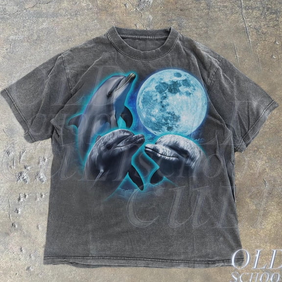 Three Dolphin Vintage Graphic T-Shirts, Retro Dolphin Moon Tshirt, Ocean Sea Animal Lovers, Funny Graphic Tee, Oversized Ocean Shirt DARK HEATHER Unisex S-5XL Hot Trending Shirt