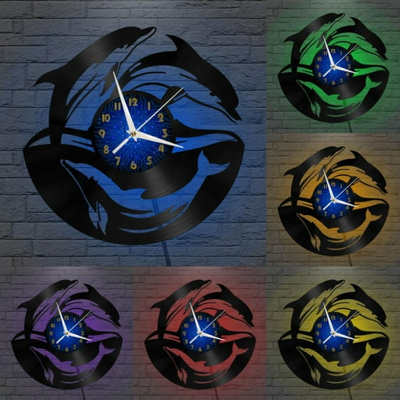 Three Dolphins 12 Inch Vinyl Record Wall Clock - Silent, Creative, and Unique Clock for Living Room, Entryway, or Bedroom Decor - Perfect Gift Idea(12 inchs B with LED)