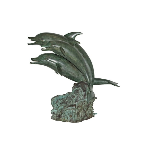 Three Dolphins Bronze Statue Fountain Green Patina Finish, Size 40" x 24" x 36"H