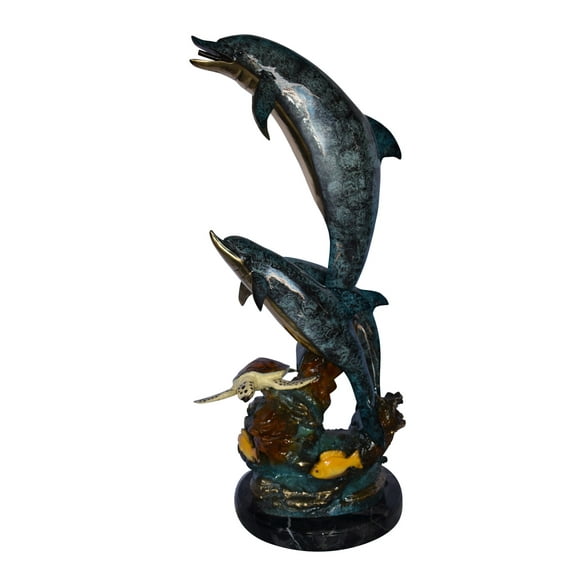 Nifao Three Dolphins with Sea Turtle Outdoor Fountain Statue, Bronze Garden Water Feature Sculpture for Patio & Yard, 17" x 15" x 38"H