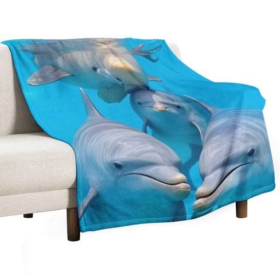 Three Dolphins Swimming Together Underwater Blanket Soft Cozy Flannel Blanket for man women