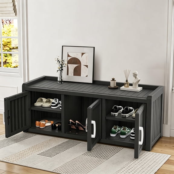 Three Door Large Shoe Cabinet, Multi-Functional Resin Shoe Storage Bench with Top Display Space, Dust-Proof Organizer for Shoes, Cushions & Living Room, Black, 17.32"D x 46.85"W x 17.91"H