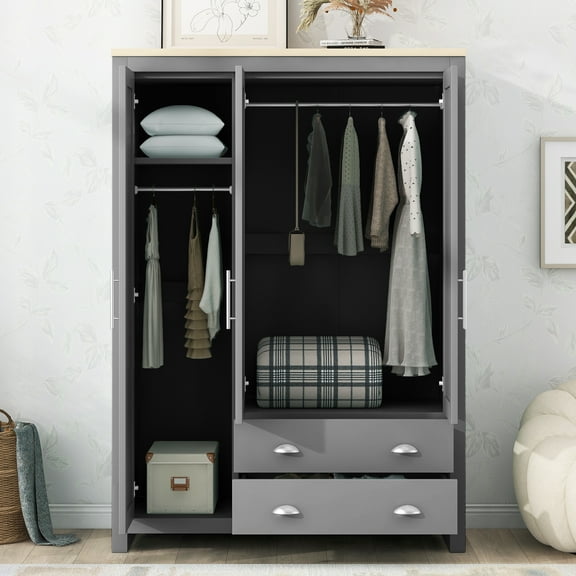 Three Door Storage Wardrobe Closet with Cabinets and Two Hanging Rods