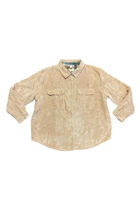 Ladies Button Down Collared Cord Oversized Shirt Jacket (Ginger Root, S)