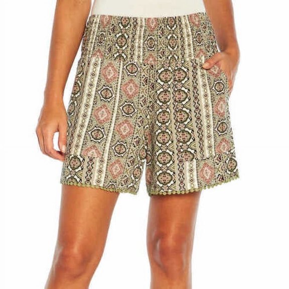 Three Dots Ladies' Printed Short (Medium, Green Stripe Tiles)