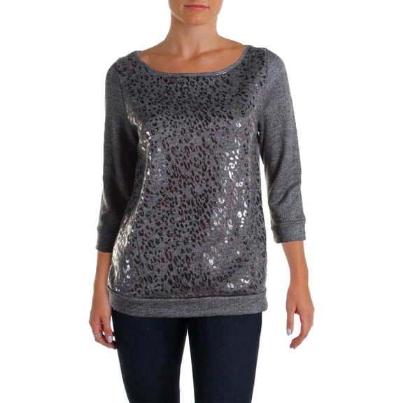 Three Dots Womens Metallic French Terry Sweatshirt Gray S