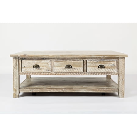 Three Drawer Cocktail Table With Open Shelf Beneath, Washed Gray- Saltoro Sherpi