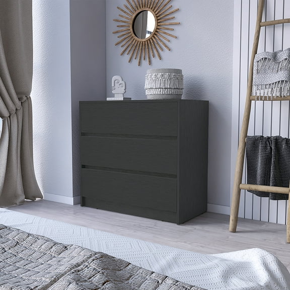 Dokea Three Drawer Dresser, Black Wengue Finish - Compact Bedroom Dressers