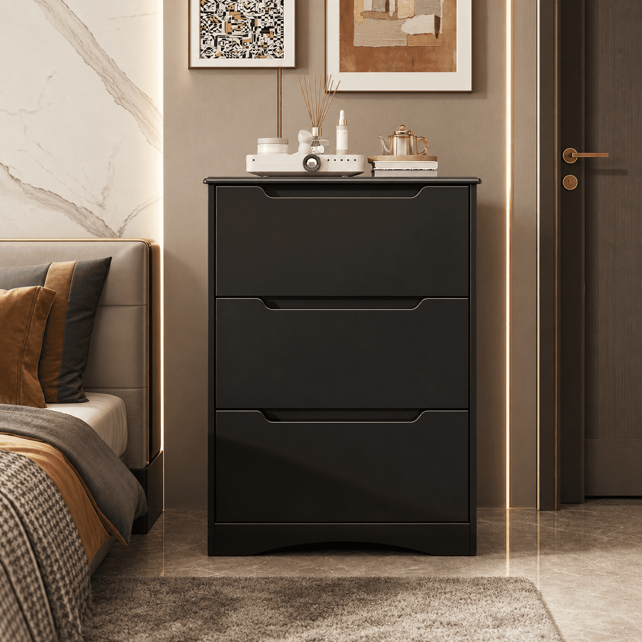 Aiho Dresser with 3 Drawers, Wood Tall Chest, Built-in Handle Drawers for Bedroom, Home, Living Room, Hallway - Black