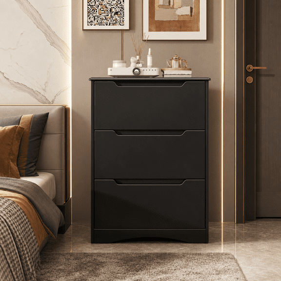 Aiho Dresser with 3 Drawers, Wood Tall Chest, Built-in Handle Drawers for Bedroom, Home, Living Room, Hallway - Black