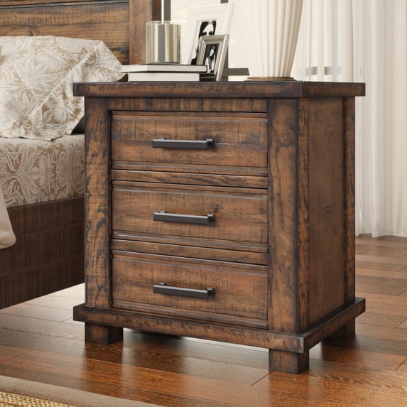 Three Drawer Reclaimed Pine Wood Nightstand, Natural