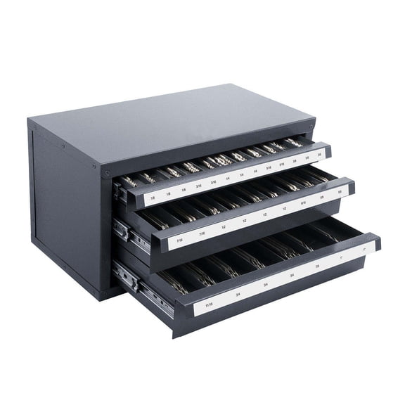 Three-Drawer Steel End Mill Cabinet, 29 Compartments, 1/8" to 1", Stackable, Labeled