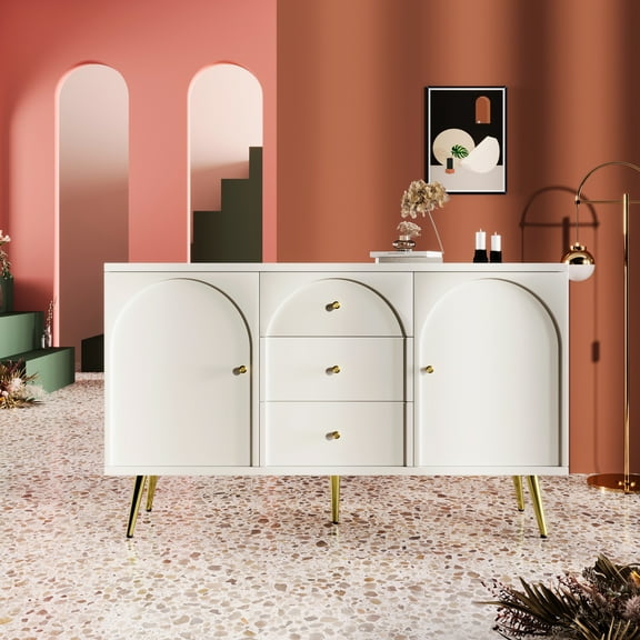 Three Drawer Two Door Cabinet In Cream White, Metal Foot Design For Home Storage Stylish Addition