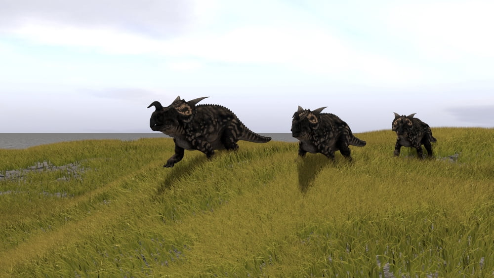 Three Einiosaurus dinosaurs walking across a grassy field Canvas Art - Kostyantyn IvanyshenStocktrek Images (19 x 11)