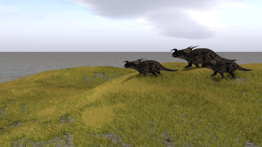 Three Einiosaurus dinosaurs walking across a grassy field Canvas Art - Kostyantyn IvanyshenStocktrek Images (38 x 22)