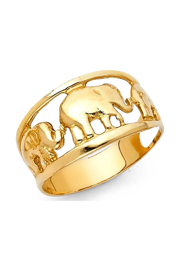 Three Elephants Ring Solid 14k Yellow Gold Good Luck Charm Band Polished Design Genuine 10MM Size 8